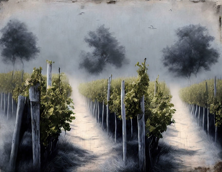 Misty vineyard with grapevines, wooden stakes, subdued colors, eerie tree silhouette