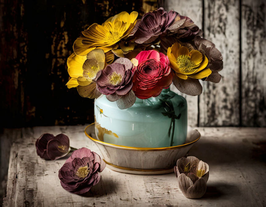 Vintage Teacup and Saucer with Paper Flowers on Rustic Wooden Surface