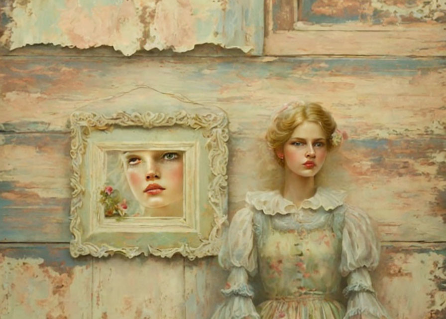 Victorian girl with framed portrait in peeling pastel backdrop