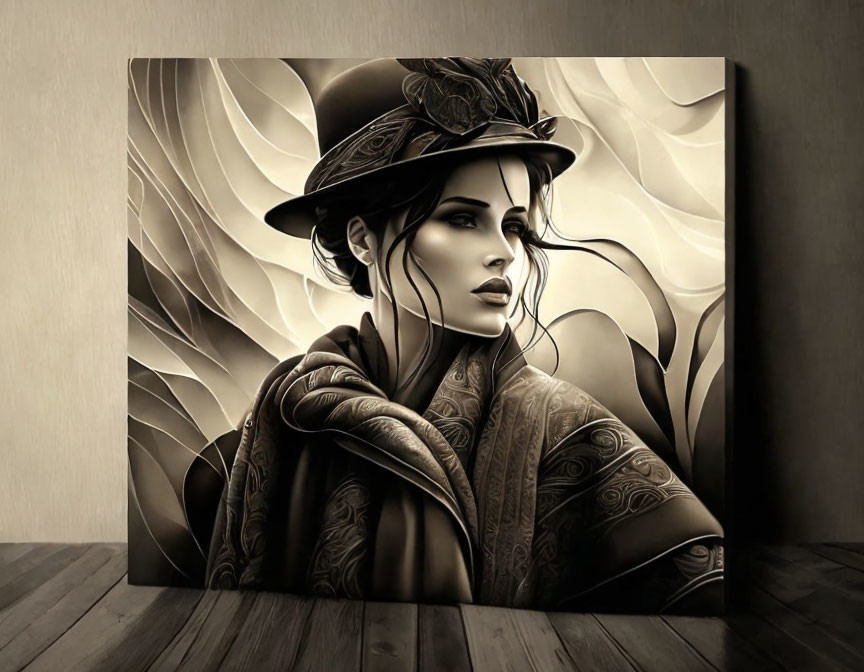 Monochromatic art: Woman in feathered hat, ornate fabrics, swirling patterns