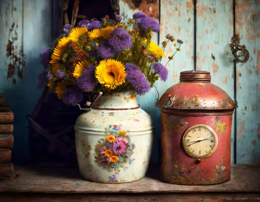 Rustic still life with purple and yellow flowers in white vase and red clock