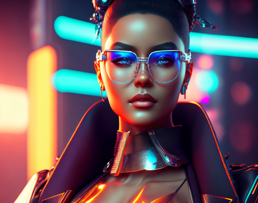 Woman with Blue Glowing Eyes and Cybernetic Enhancements in Futuristic Setting