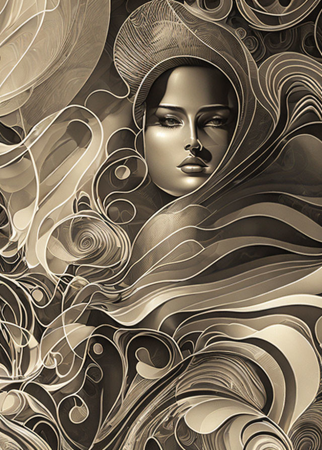 Sepia-toned abstract patterns frame woman's face.