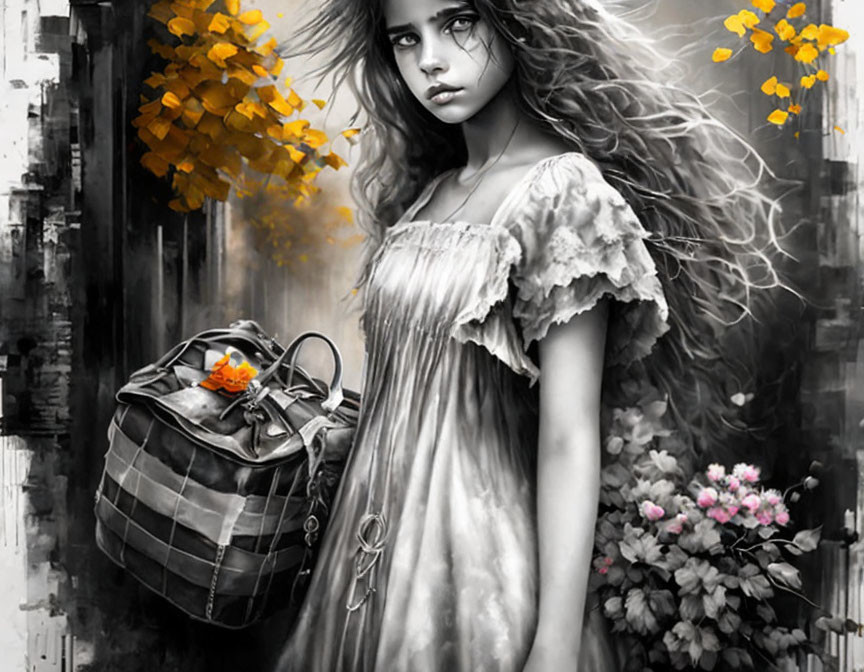 Grayscale image of girl with yellow leaves, checkered bag, and pink flowers