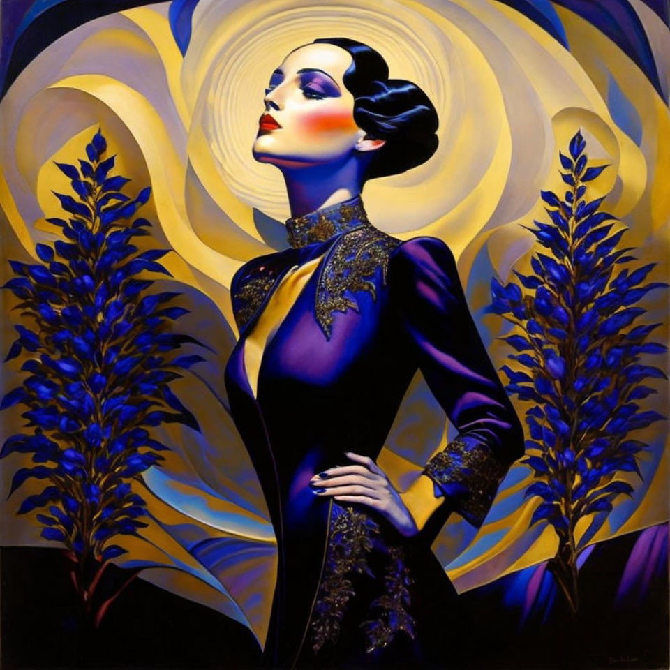 Stylized portrait of woman in embellished dress with chic updo on swirling gold and blue background