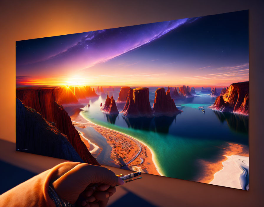 Remote control pointing at vibrant surreal landscape on TV screen