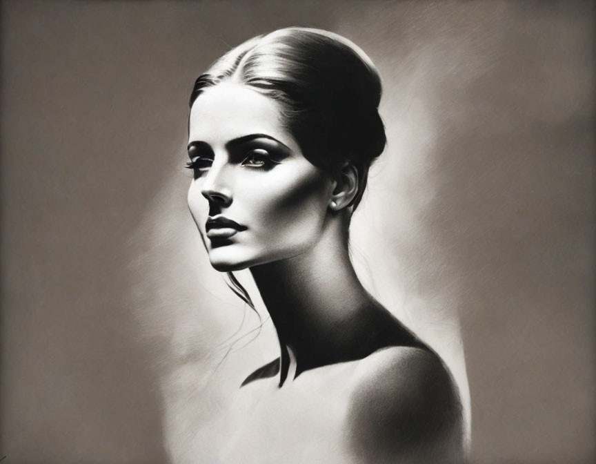 Monochrome portrait of a woman with sleek hair and contoured makeup