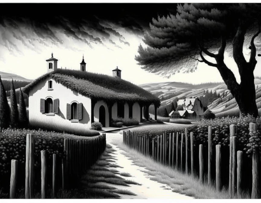 Monochrome landscape with thatched-roof cottage, winding path, and stylized tree