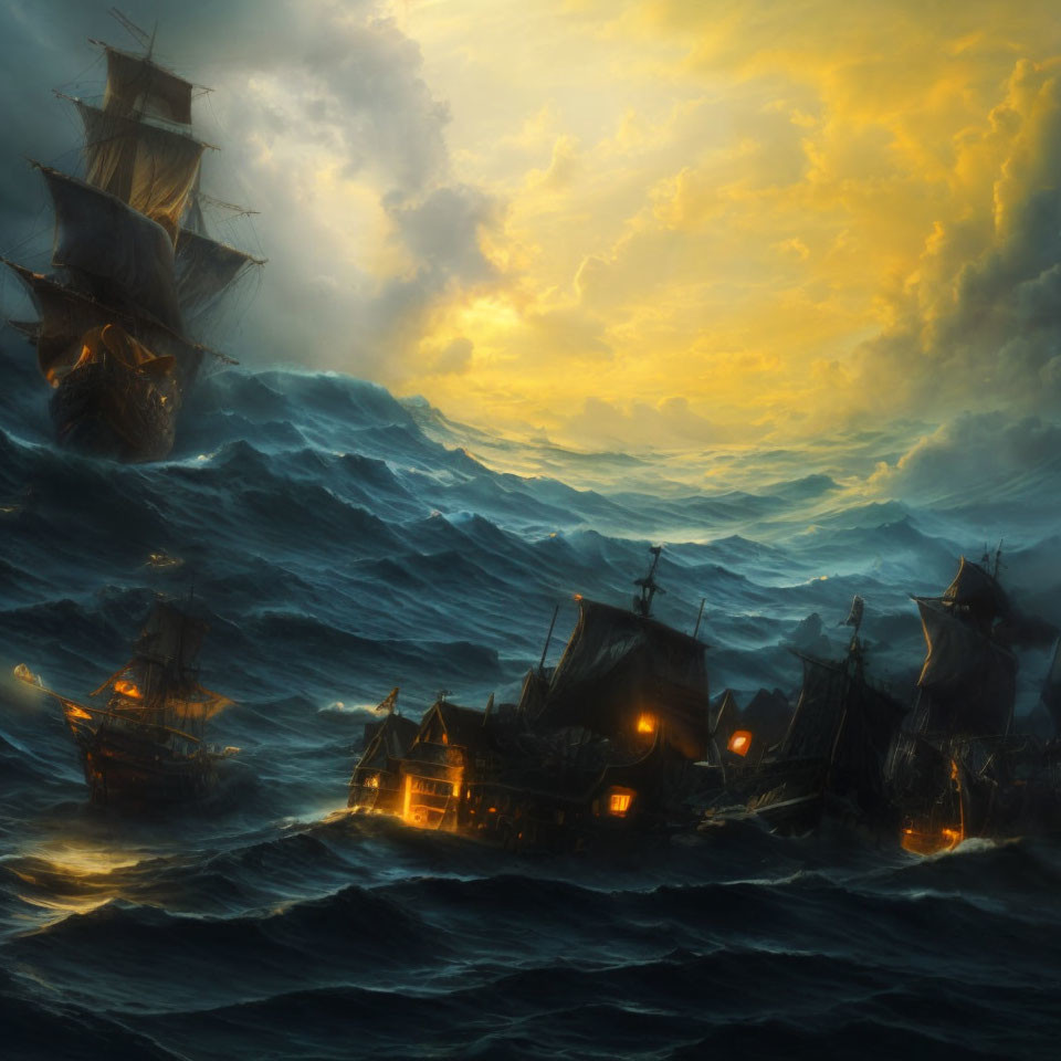 Stormy seas: Tall ships amid crashing waves and glowing lanterns