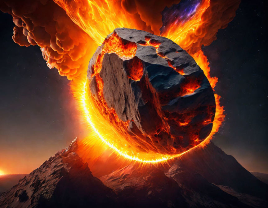 Digital artwork: Massive asteroid collision with mountain causes fiery eruption