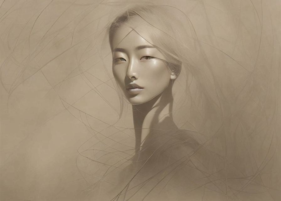 Sepia-Toned Artistic Portrait with Delicate Facial Features and Flowing Lines