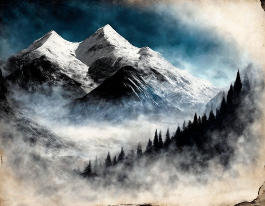 Snow-capped mountains with forest and mist in vintage-style photo