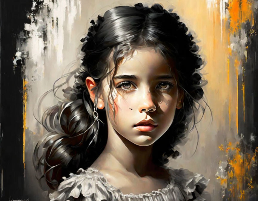 Young Girl Portrait: Wavy Hair, Sad Expression, Dark & Warm Colors