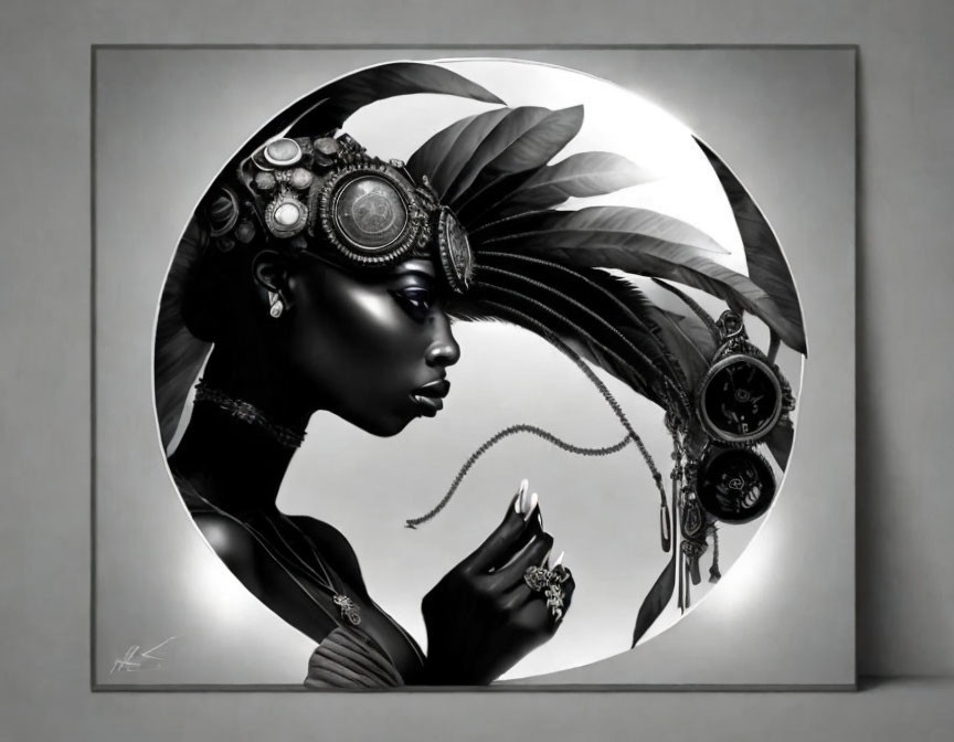 Monochromatic digital artwork of woman with steampunk headgear in oval vignette