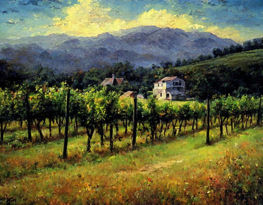 Verdant vineyard and mountains in pastoral landscape