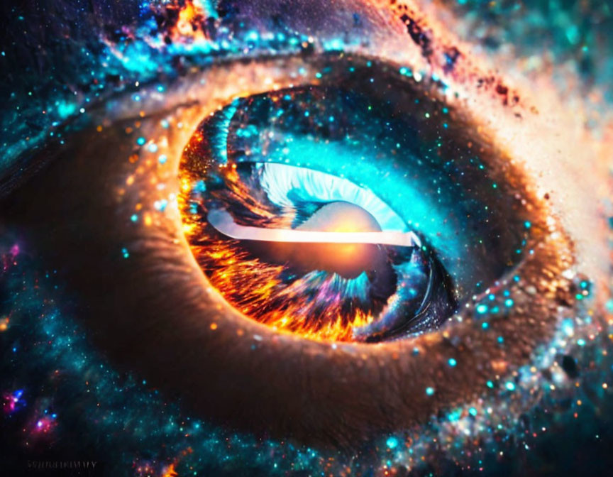 Eye with cosmic galaxy effect: Space imagery on human anatomy