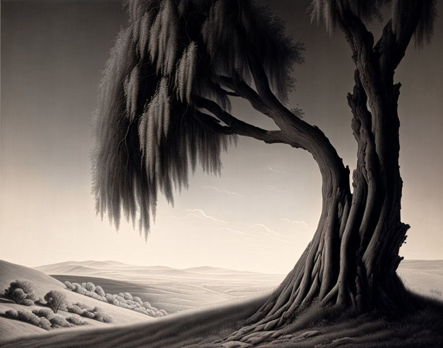 Monochrome illustration: Weathered tree in serene landscape