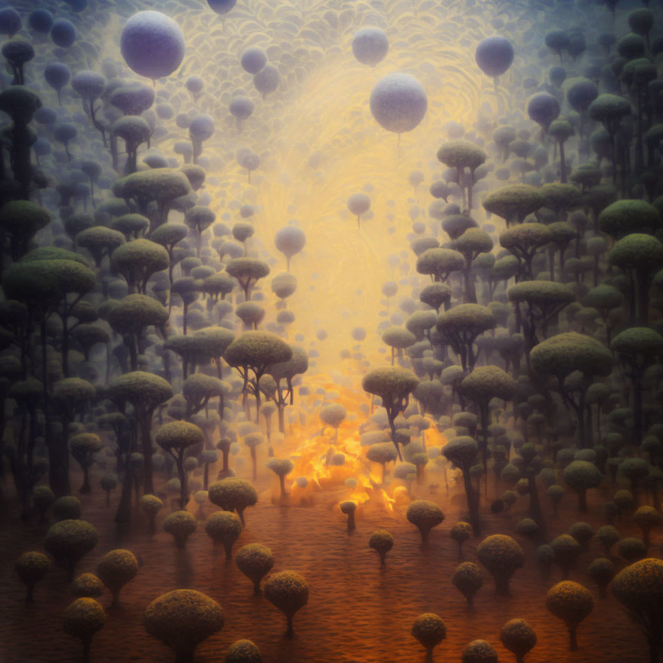 Surreal landscape with tree-like structures and floating orbs in orange ambiance