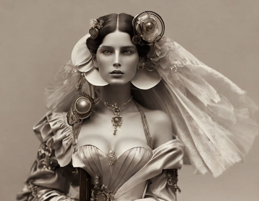 Sepia-Toned Victorian Woman Portrait with Steampunk Accessories