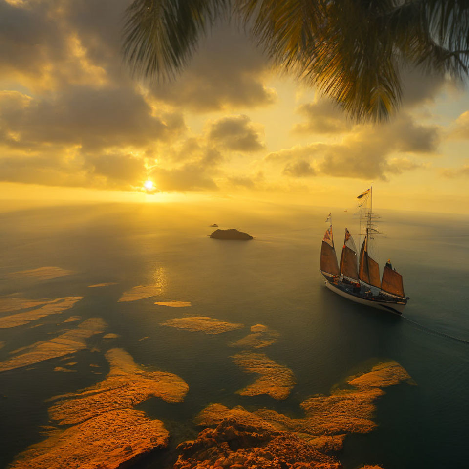 Red sailboat on calm waters at sunset with golden sky and palm leaves.