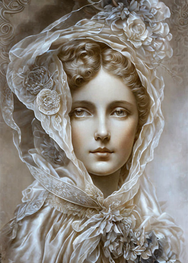 Vintage portrait: Woman with curly hair in floral bonnet, serene expression