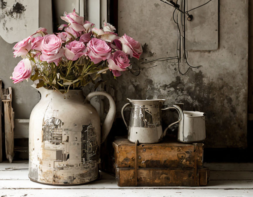 Vintage Still Life: Pink Roses, Old Jug, Metal Cup, Teapot on Suitcase