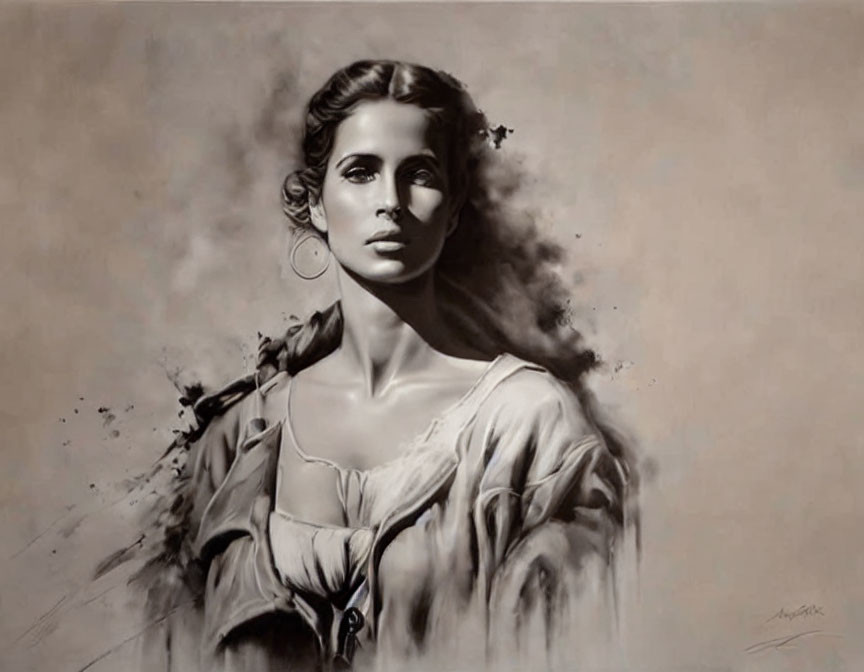 Monochromatic artwork: Woman in elegant pose with flowing sleeves and earrings