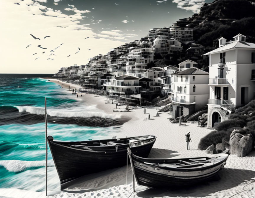 Monochromatic beach scene with boats, waves, buildings, and birds