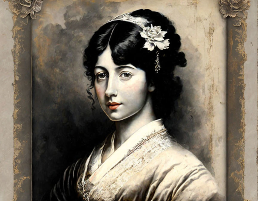 Portrait of young woman in white dress with lace collar and flower.