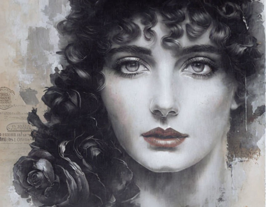 Monochrome portrait of a woman with curly hair and roses on textured vintage backdrop