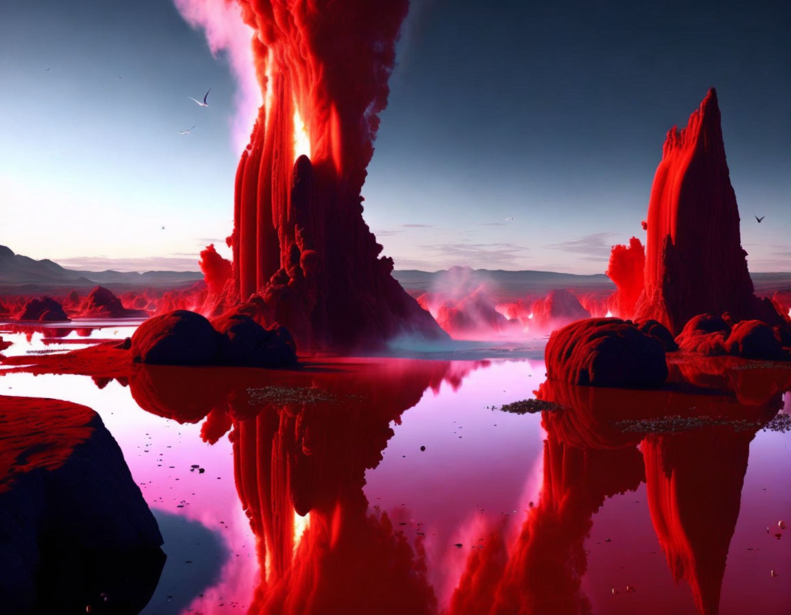 Fantastical landscape with towering red spires and crimson lake under dusky sky