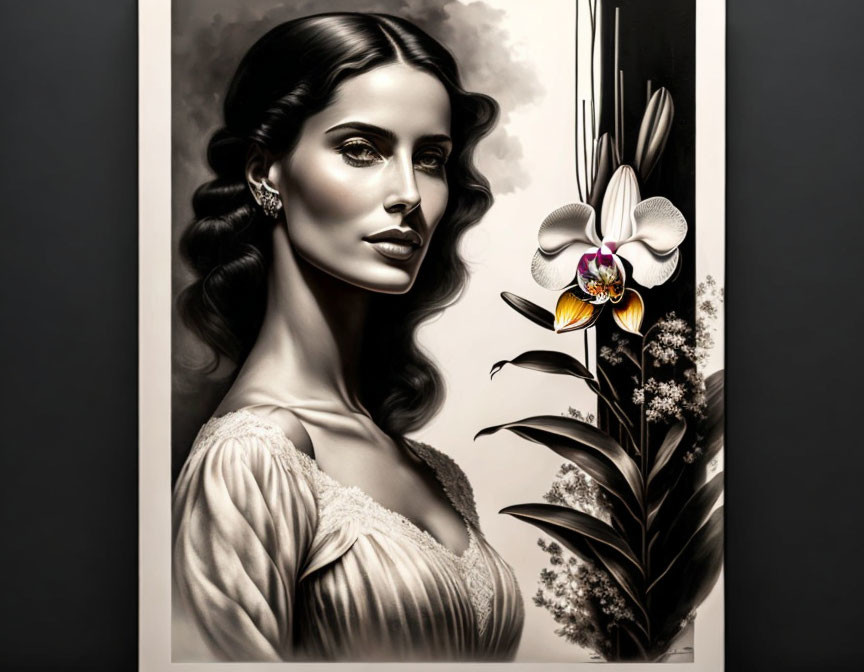 Monochrome portrait of woman with stylized features and orchid in graphic art style