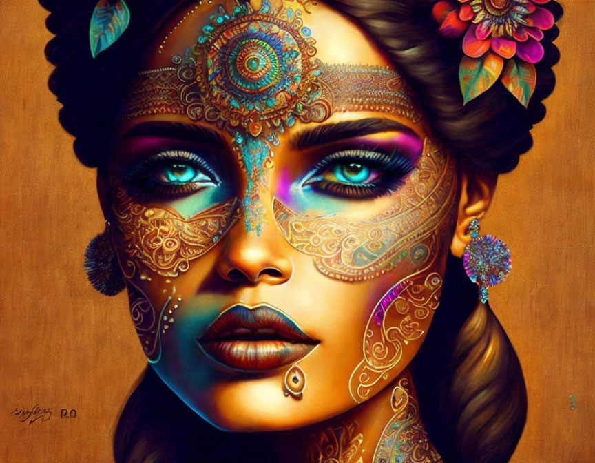 Colorful Mandala Patterns and Jewels on Woman's Face in Digital Art