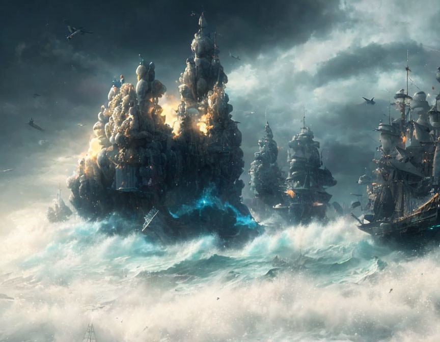 Seascape with towering rock formations, buildings, sailing ships, and stormy sky