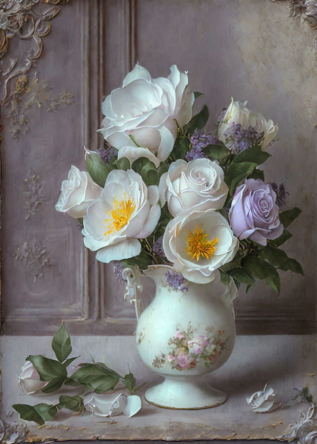 White and Light Purple Roses in Classic White Vase on Grey Background