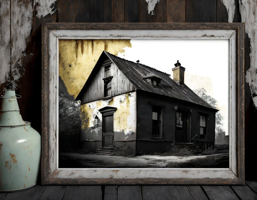 Monochrome photograph of old wooden house in white frame beside blue milk can