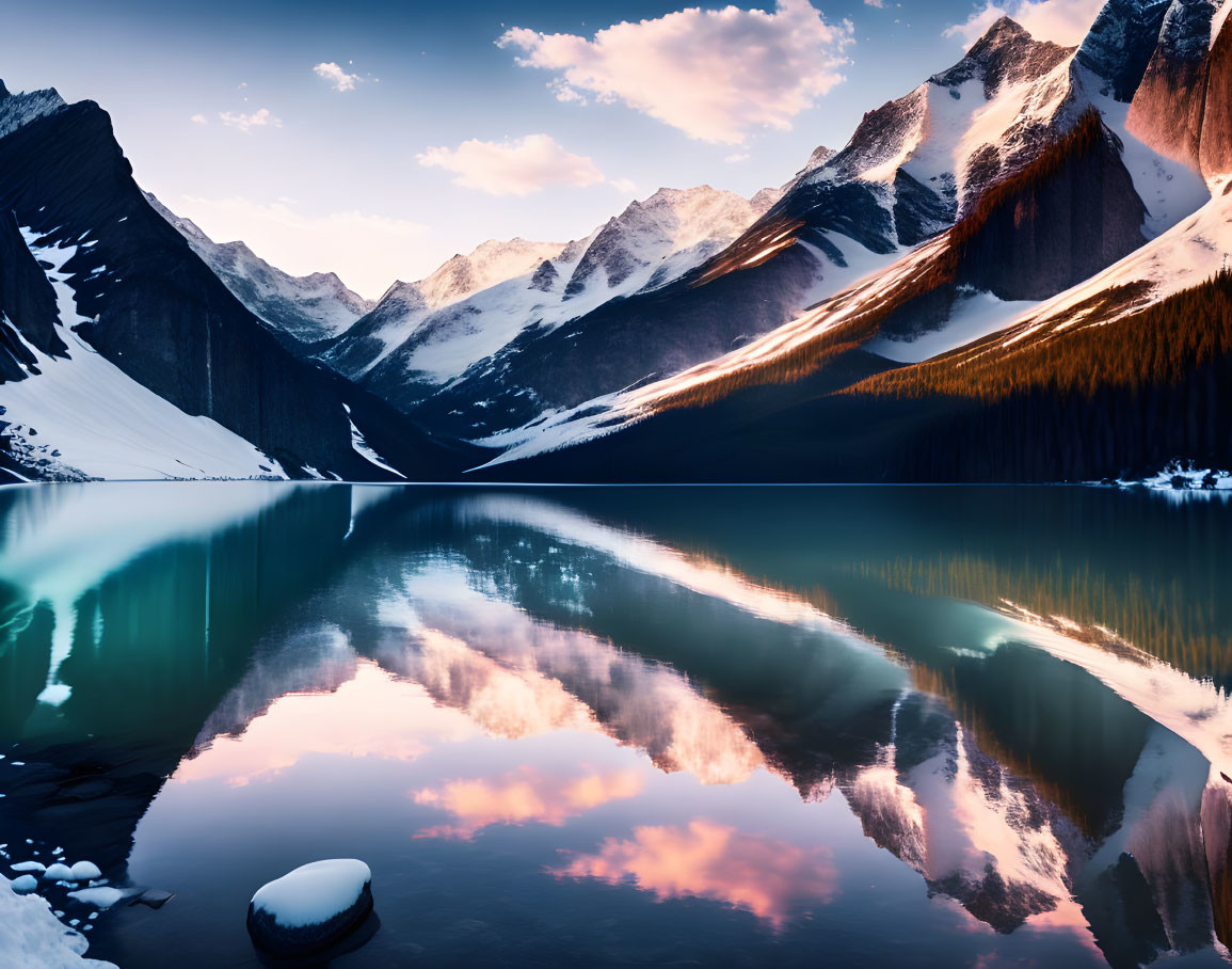 Snow-capped peaks and serene lake in twilight alpine landscape