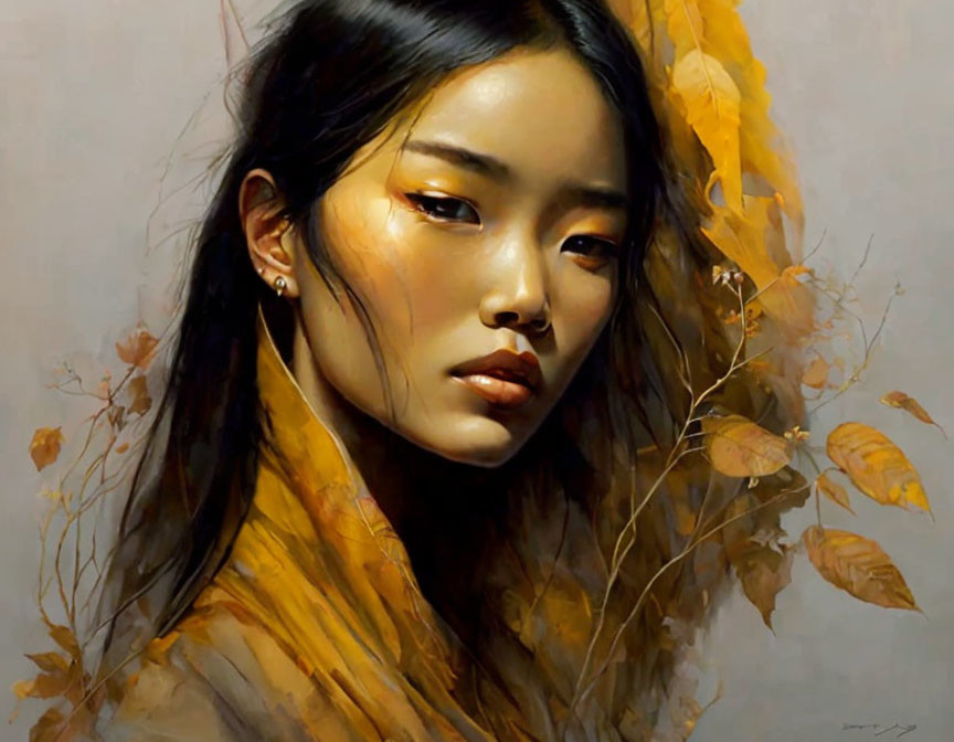 Asian woman portrait in warm tones amid autumn leaves