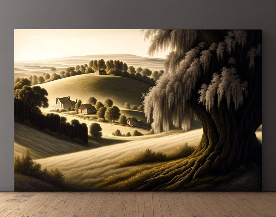 Realistic rural landscape painting with rolling hills and tree on wall