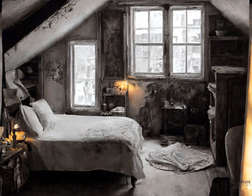 Cozy Vintage Attic Room with Bed, Desk, and Objects