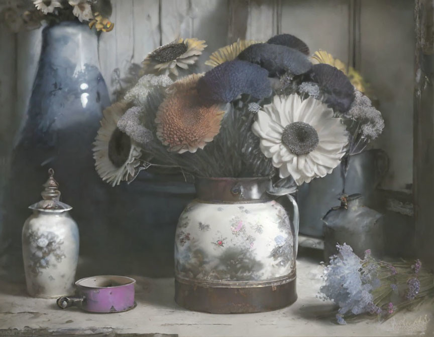 Vintage Still Life: Sunflowers in Decorative Vase on Rustic Wooden Shelf