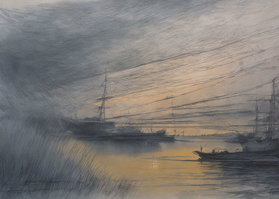 Monochromatic sailing ships illustration on tranquil waters under hazy, warm light