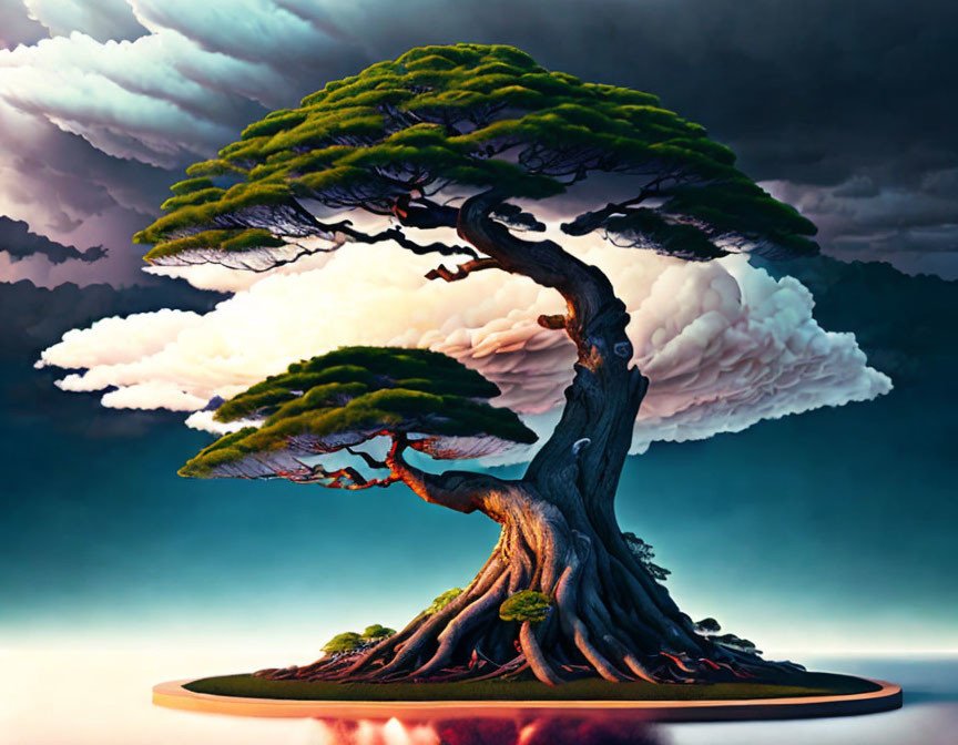 Stylized bonsai tree with lush canopy and dramatic sky