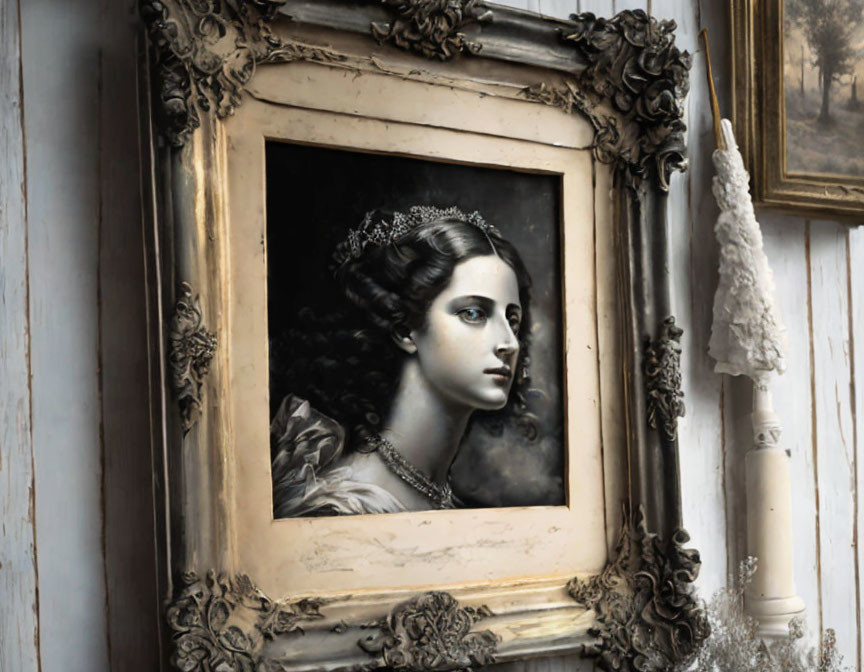 Portrait of a woman with tiara in golden frame on wall with candle sconce