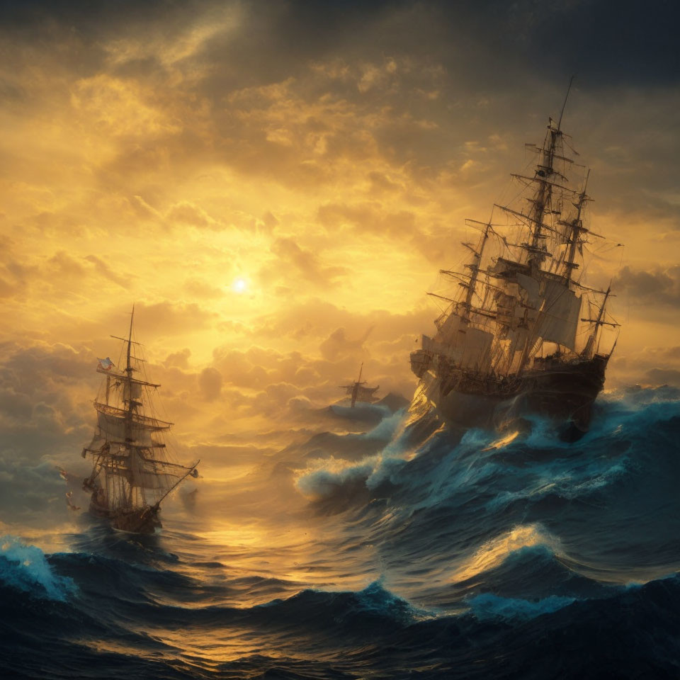 Sailing ships on turbulent seas at sunset with golden glow