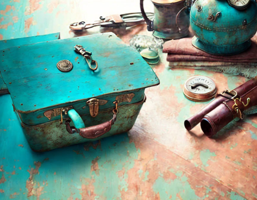 Vintage Travel-Themed Still Life with Turquoise Suitcase