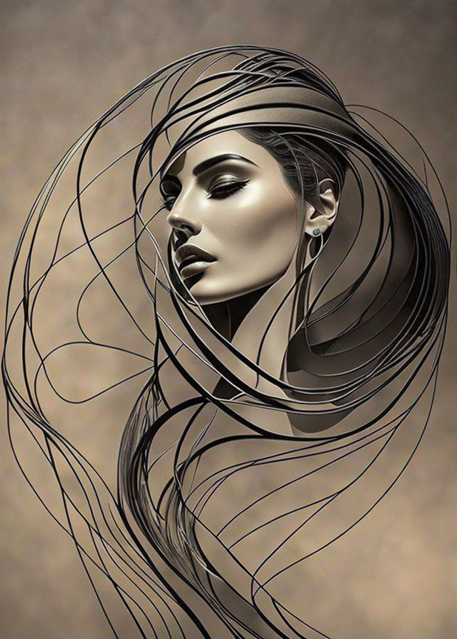 Monochrome artwork: Woman with intricate, flowing hair