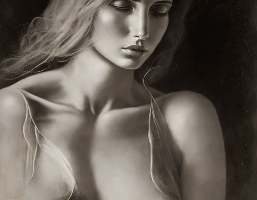 Monochromatic portrait of a woman with long hair and serene expression