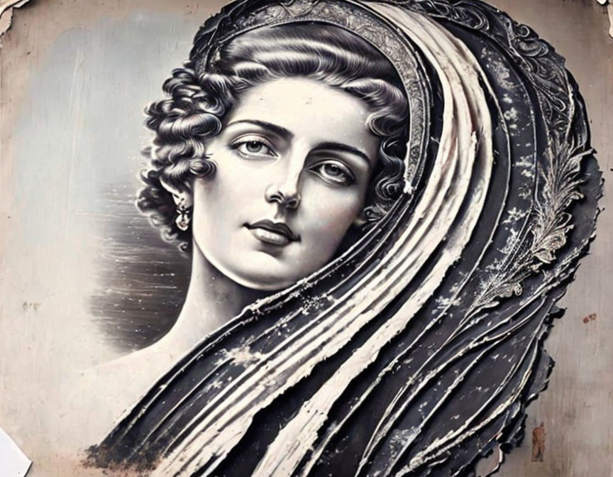 Detailed Portrait of Woman with Classical Curls and Draped Headdress