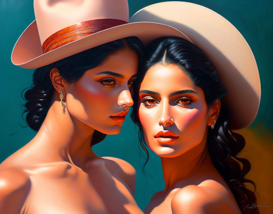 Vibrant digital artwork of two women in wide-brimmed hats